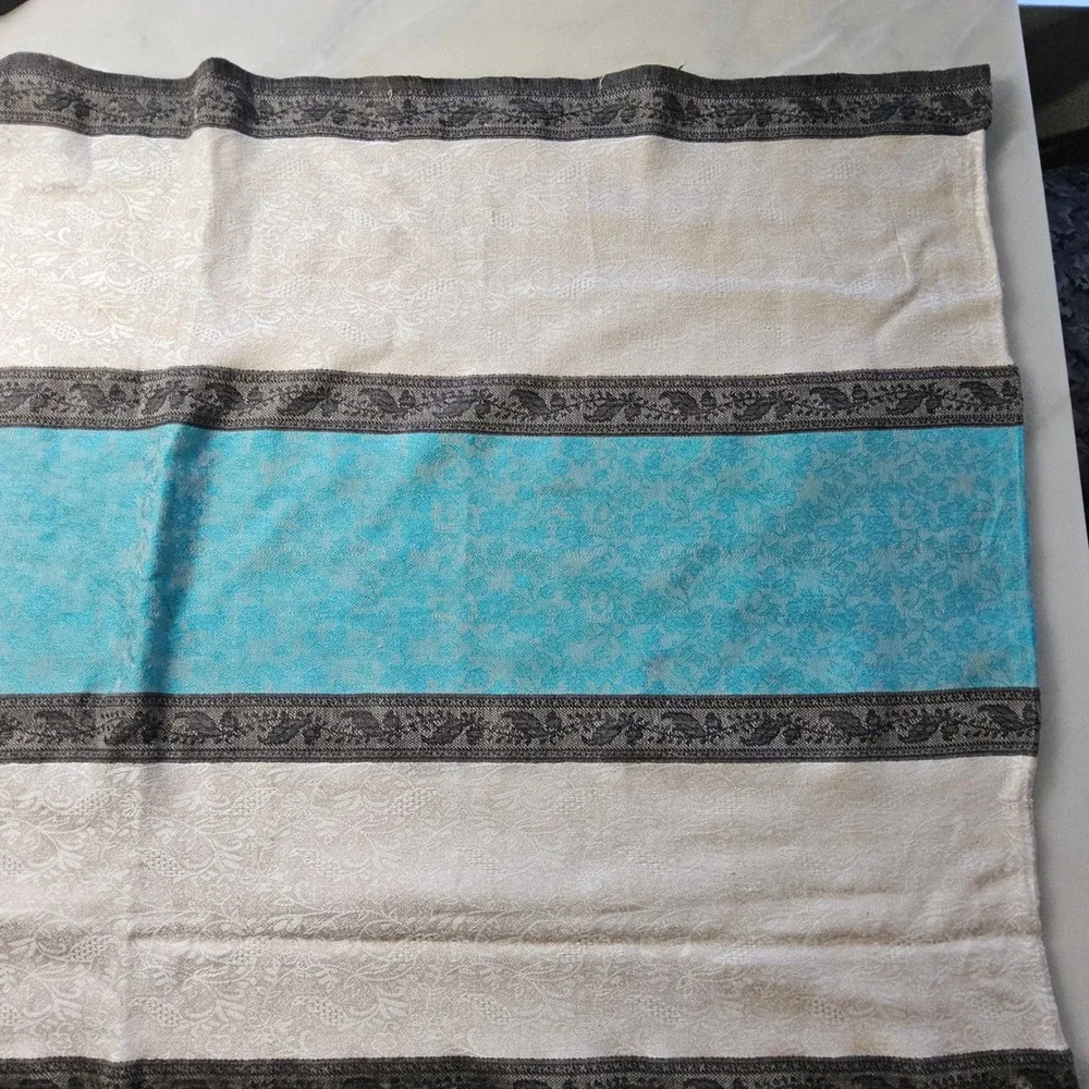 Striped Scarf‎ Wrap Shawl with Tassels - Beige, Blue, Black Accent